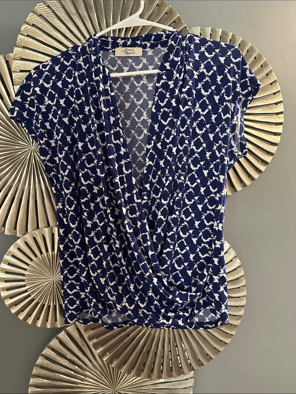 Avenue Navy & White Surplice Cap-Sleeve Blouse